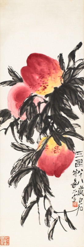 中国古美術・桃図三尺画芯・斉白石印款・水墨彩色画・純手描き・文房・宣紙・带水印 中国古美術・桃図三尺画芯・斉白石印款・水墨彩色画・純手描き・文房