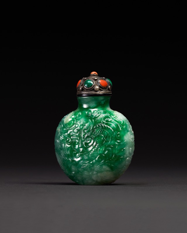 中国古玩 時代物 天然翡翠玉 本翡翠 高氷種飄花 鼻煙壺紋彫リ 極細工