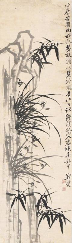 古】078 鄭板橋 紙本 肉筆 蘭竹図 掛軸 中国 美術品・アンティーク・コレクション
