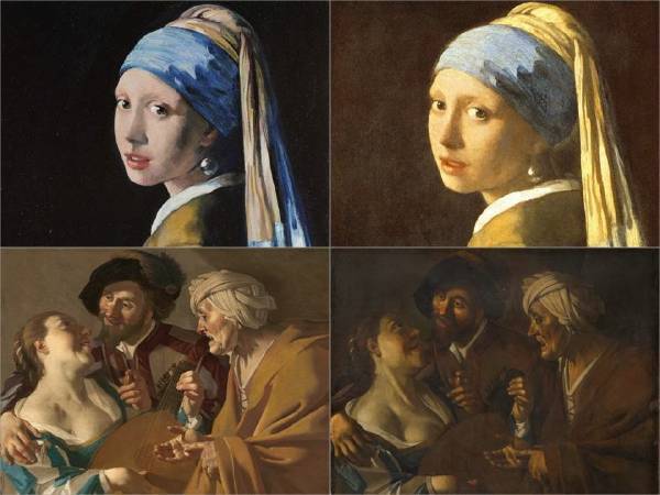 仿畫對照- 右上為維梅爾《Girl with a Pearl Earring》，左上為仿畫，畫家為John Myatt。左下為 Baburen《The Procuress》 右邊為Meegeren的仿畫。圖/擷取自Contemporary Art。