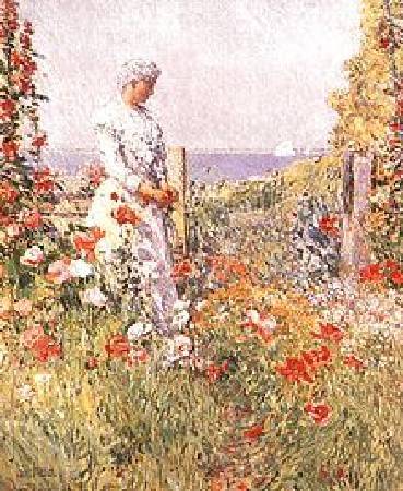 哈薩姆《雨西莉亞·撒克斯特在花園中》(Celia Thaxter in her Garden)，1892。