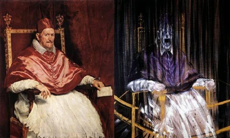 左為西班牙畫家委拉士開茲的教皇肖像，右為《教皇英諾森十世肖像的習作》