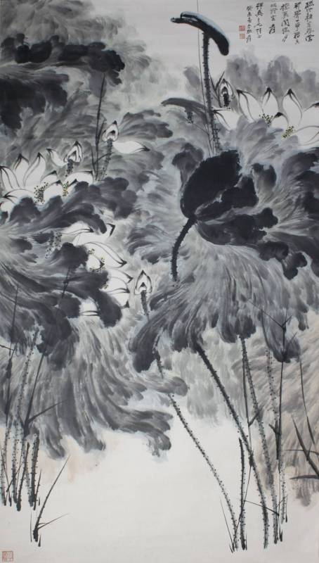 張大千 - 荷花圖 (1943年作品) 177x94.5cm (預估價 NT4,000,000~6,000,000)