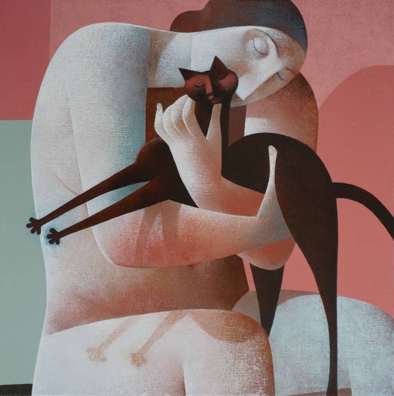 Peter H. Harskamp《Sitting Woman with Cat》Oil on Canvas_100×100cm_2014