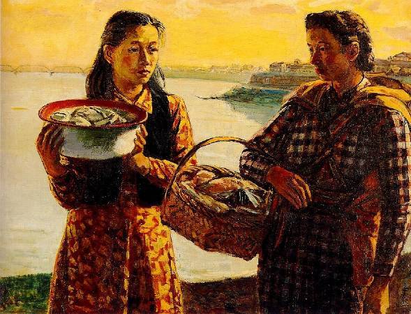 李石樵，《河邊洗衣》，1946。