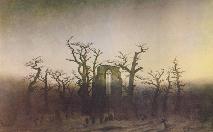佛列德利赫，《橡樹下的寺院》，1809。