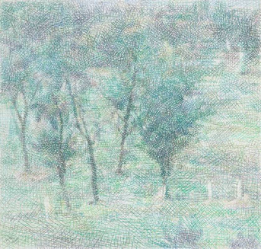 鄭君殿，2010-2012，《果園 III》，色鉛筆／紙／畫布，68 x 74 cm
