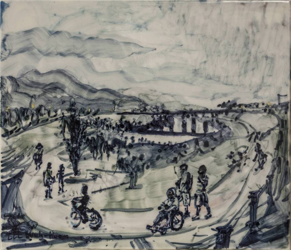 李戊崑 《漫步宜蘭河邊》 2016   36×42公分  瓷土彩繪