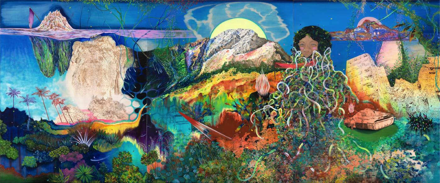 高雅婷,風景圖,壁面釘掛.油彩.畫布,162 x 390 cm (組圖),2015