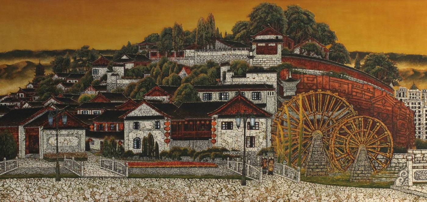 鄭修鈐，《榕城》，2003，漆畫，120x60cm