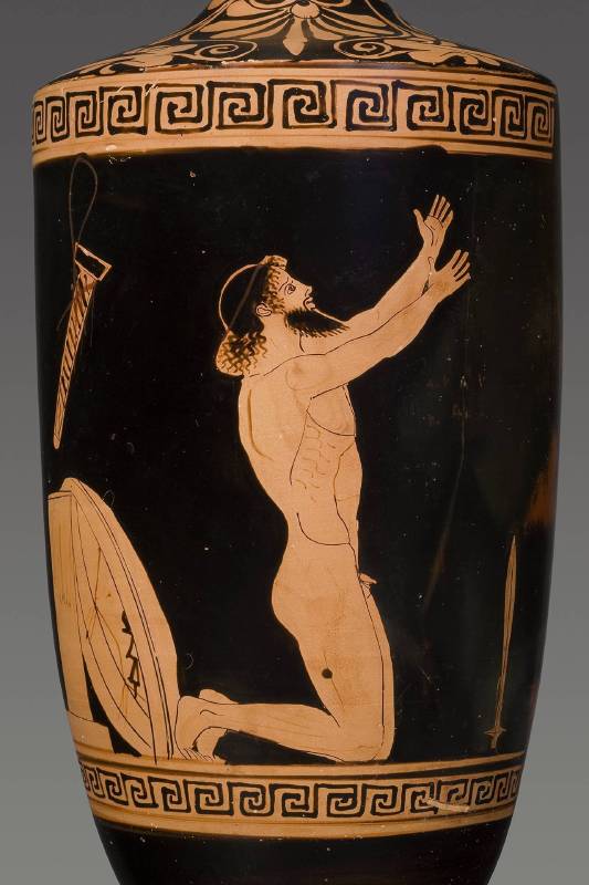 Lekythos with the Suicide of Ajax ca. 460 BC. Terracotta, Red-figure, attributed to the Alkimachos Painter Attica Antikenmuseum Basel und Sammlung Ludwig