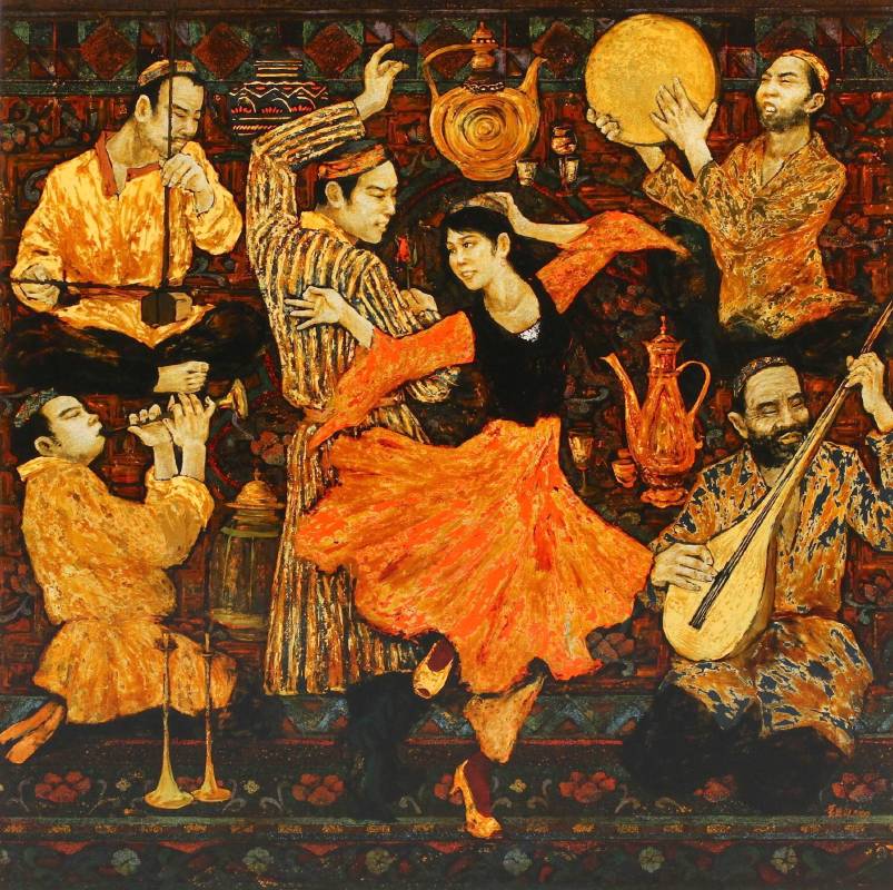 黃匡白，《邊疆舞樂》，2009，漆畫，80x80cm