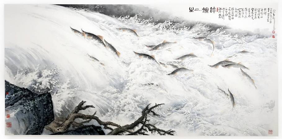 林章湖，生之禮讚，紙本設色，248x122cm，2016年。圖/非池中藝術網攝。