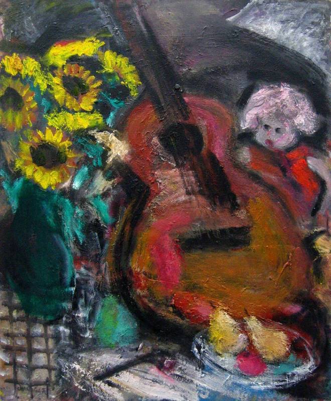張萬傳 吉他與花 60.5x.50cm(12F) 油彩畫布 / CHANG Wan-Chuan Guitar and flower 60.5x.50cm(12F) Oil on canvas