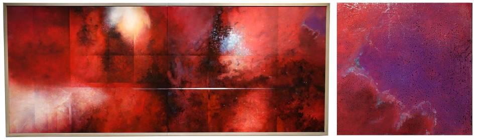 左圖：王建文，觀星者系列II－紅色的海洋，油彩、畫布，2016年；右圖：觀星者系列II－紅色的海洋（局部，一點的希望）。圖/ 非池中藝術網攝