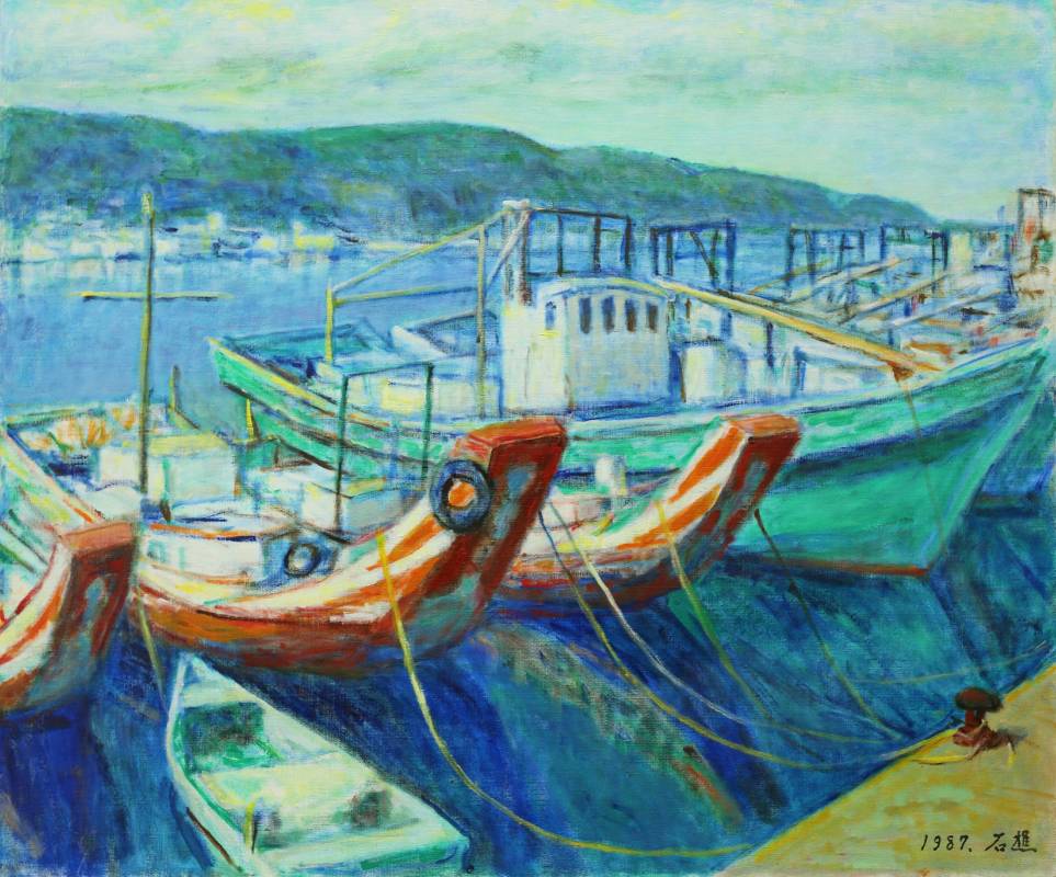 李石樵, 八斗子漁港, 1987年, 72.5x60.5cm, 油彩畫布 / LEE Shih-Chiaou, Badouzi Fishing Port, 1987, Oil on canvas