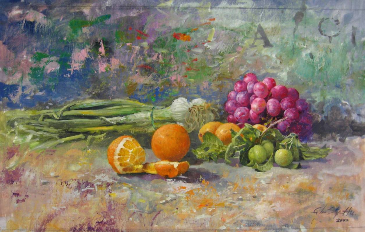 胡文賢,  蔬果, 2002年, 39x65cm, 油彩畫布 / Santos Hu, Vegetables, 2002, Oil on canvas 