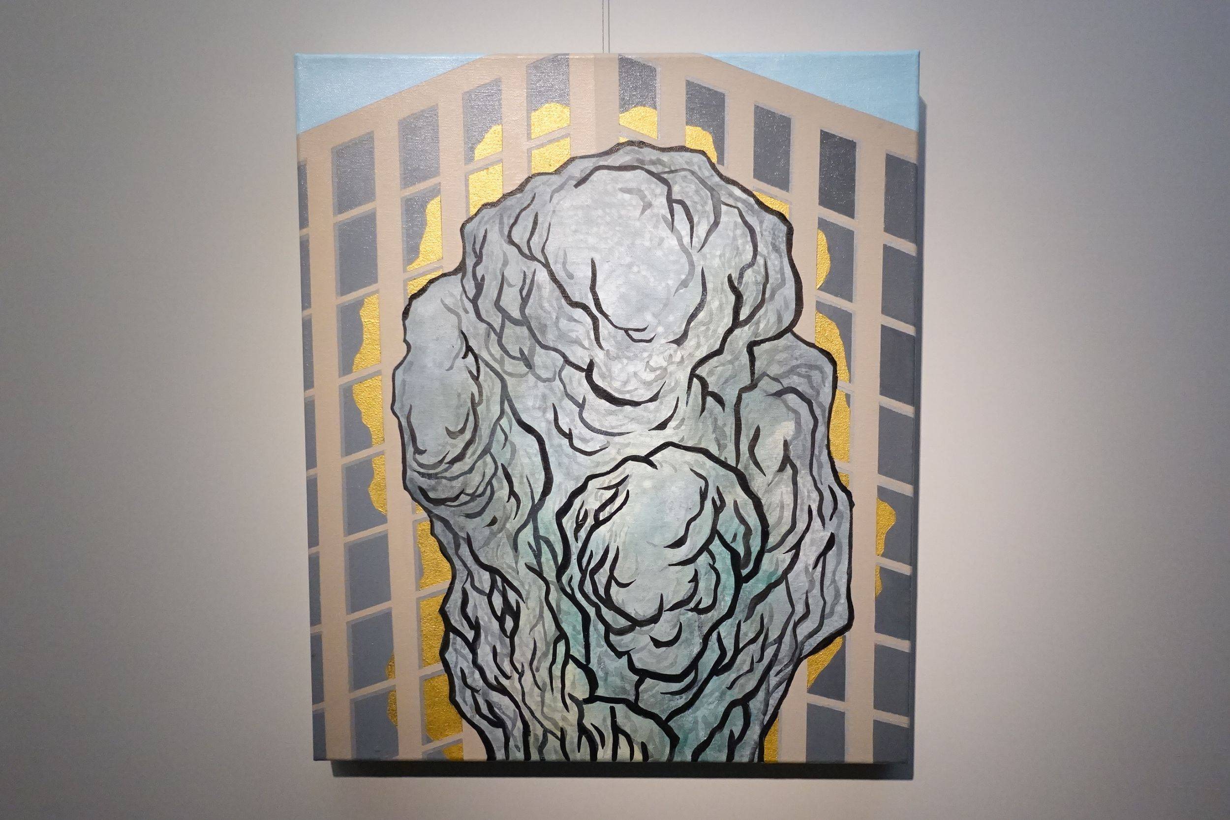 黃法誠，巨石，壓克力顏料.墨.水泥漆.畫布，2017年。