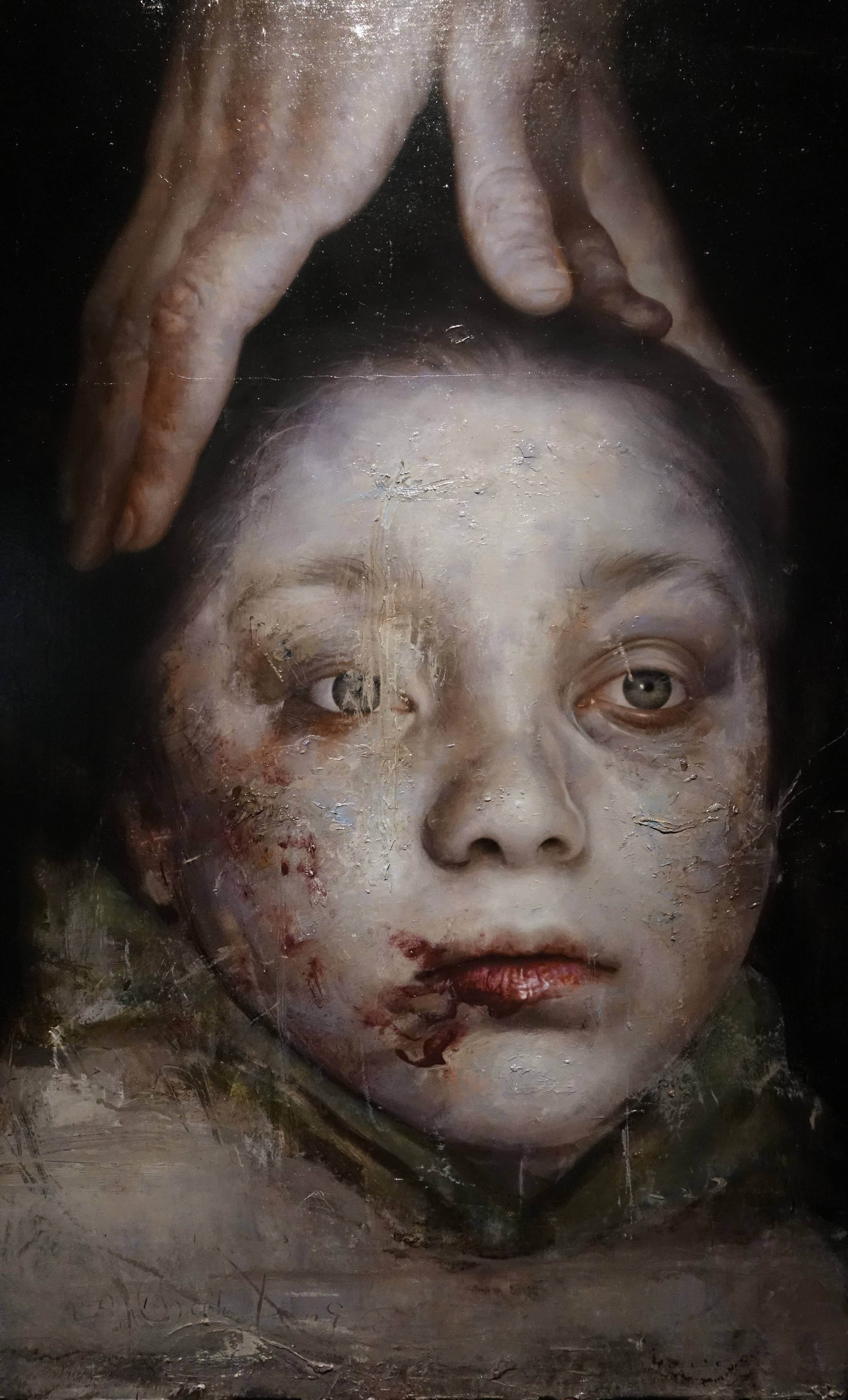 羅展鵬，《敘利亞的白衣少年》細部，油彩畫布。圖/非池中藝術網攝。