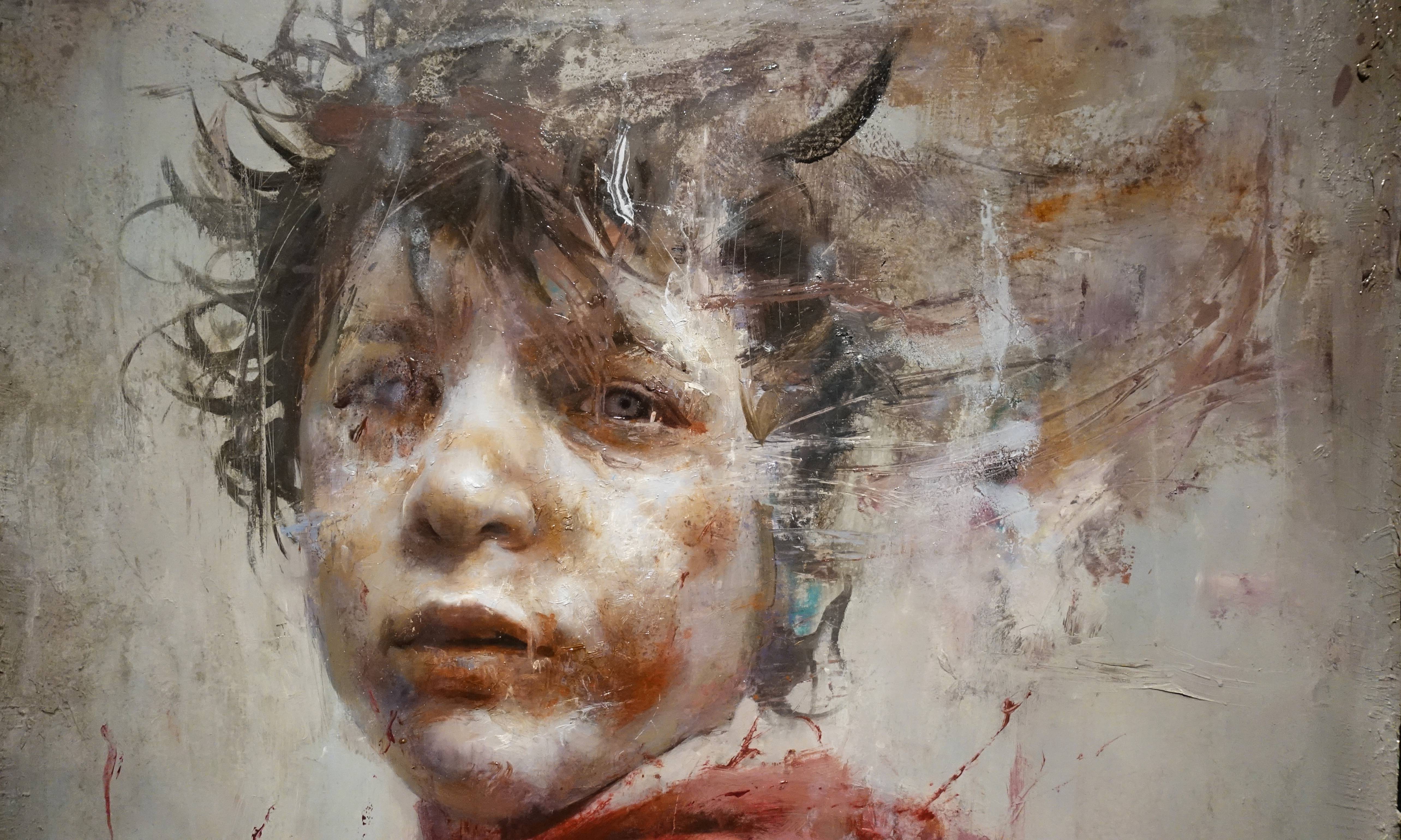 羅展鵬，《敘利亞的紅衣少年》細部，油彩畫布。圖/非池中藝術網攝。