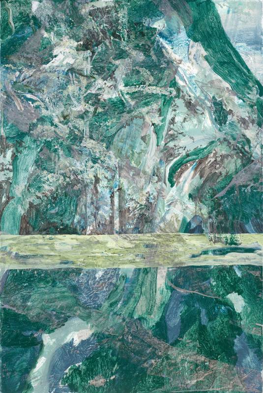 許聖泓《森林與湖上的光》，2018，壓克力顏料、畫布，150 x 100 cm