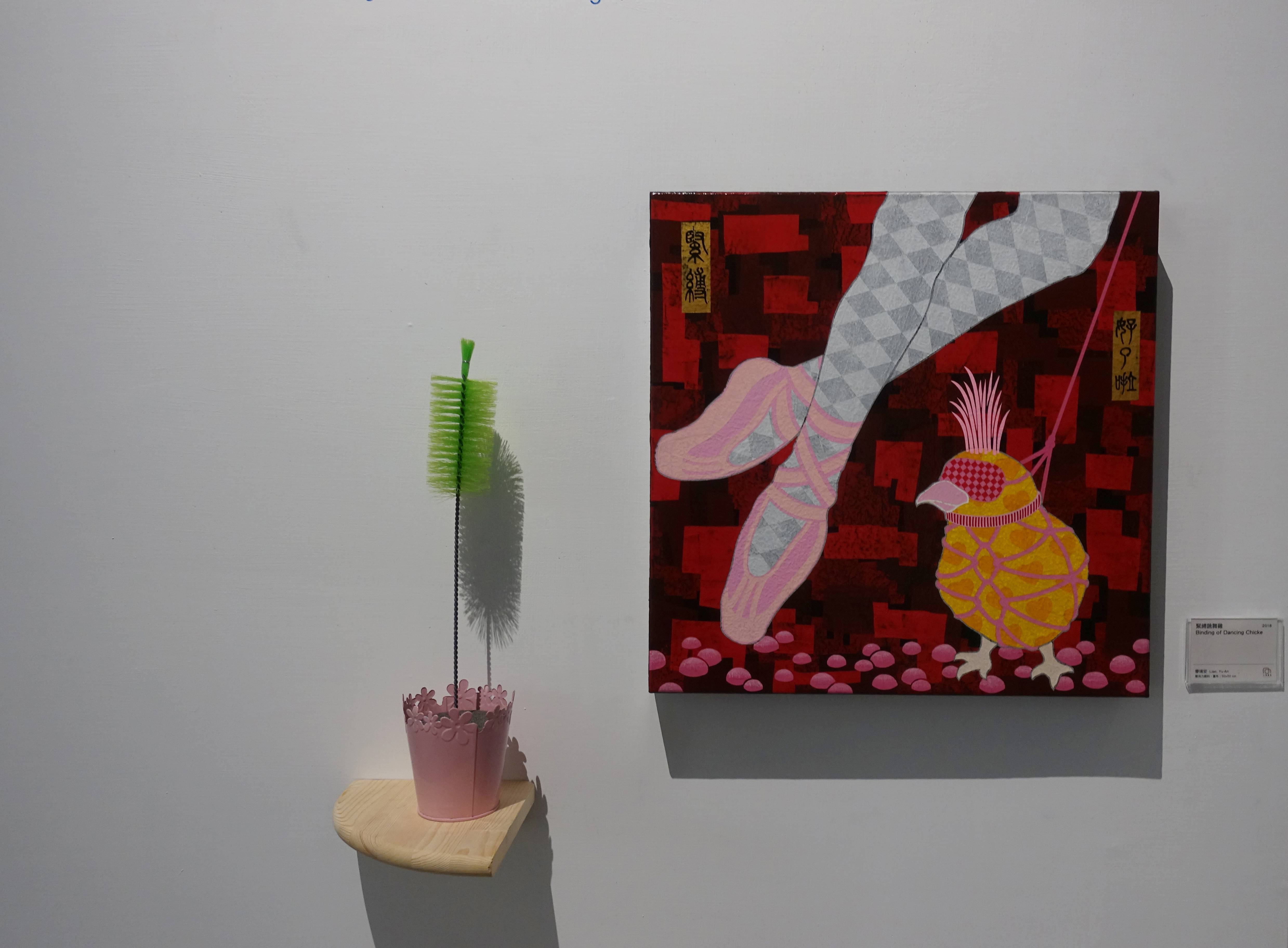 廖堉安，《緊縛跳舞雞Binding of Dancing Chicken》，壓克力、畫布，50x50 cm，2018。