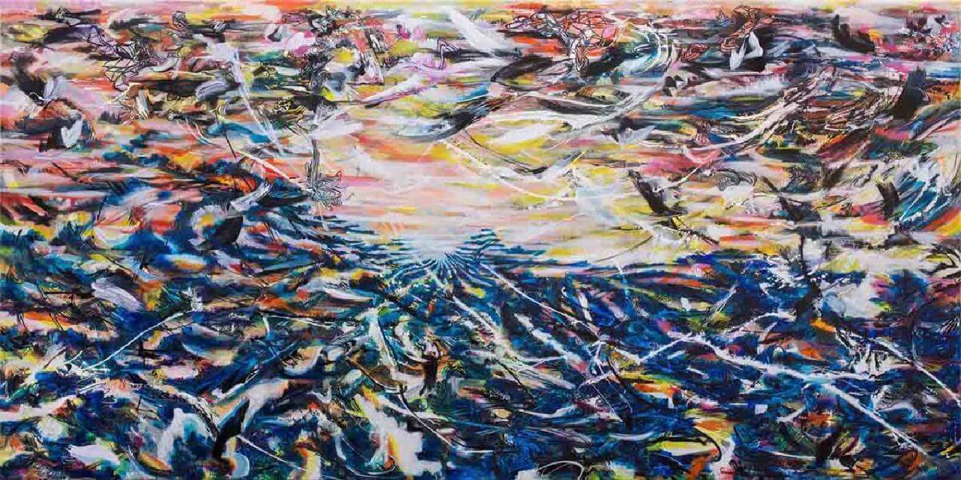 王淑鈴，吟唱的河流3，壓克力、油彩、畫布，193x390cm，2017-18。