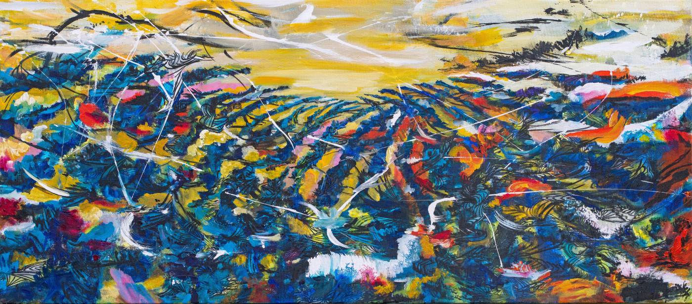王淑鈴，吟唱的河流4，壓克力、油彩、畫布，82x185cm，2017-18。