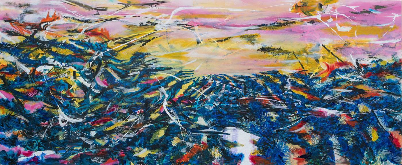 王淑鈴，吟唱的河流7，壓克力、油彩、畫布，100x250cm，2017-18。