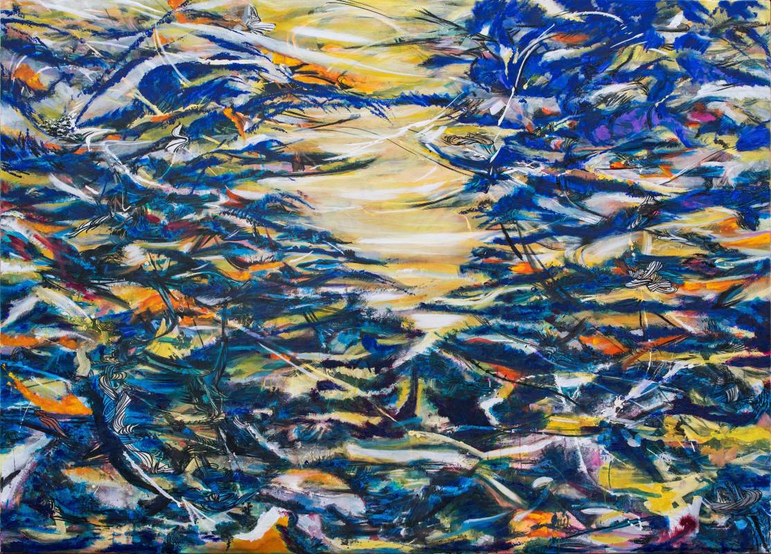 王淑鈴，吟唱的河流8，壓克力、油彩、畫布，200x280cm，2017-18。