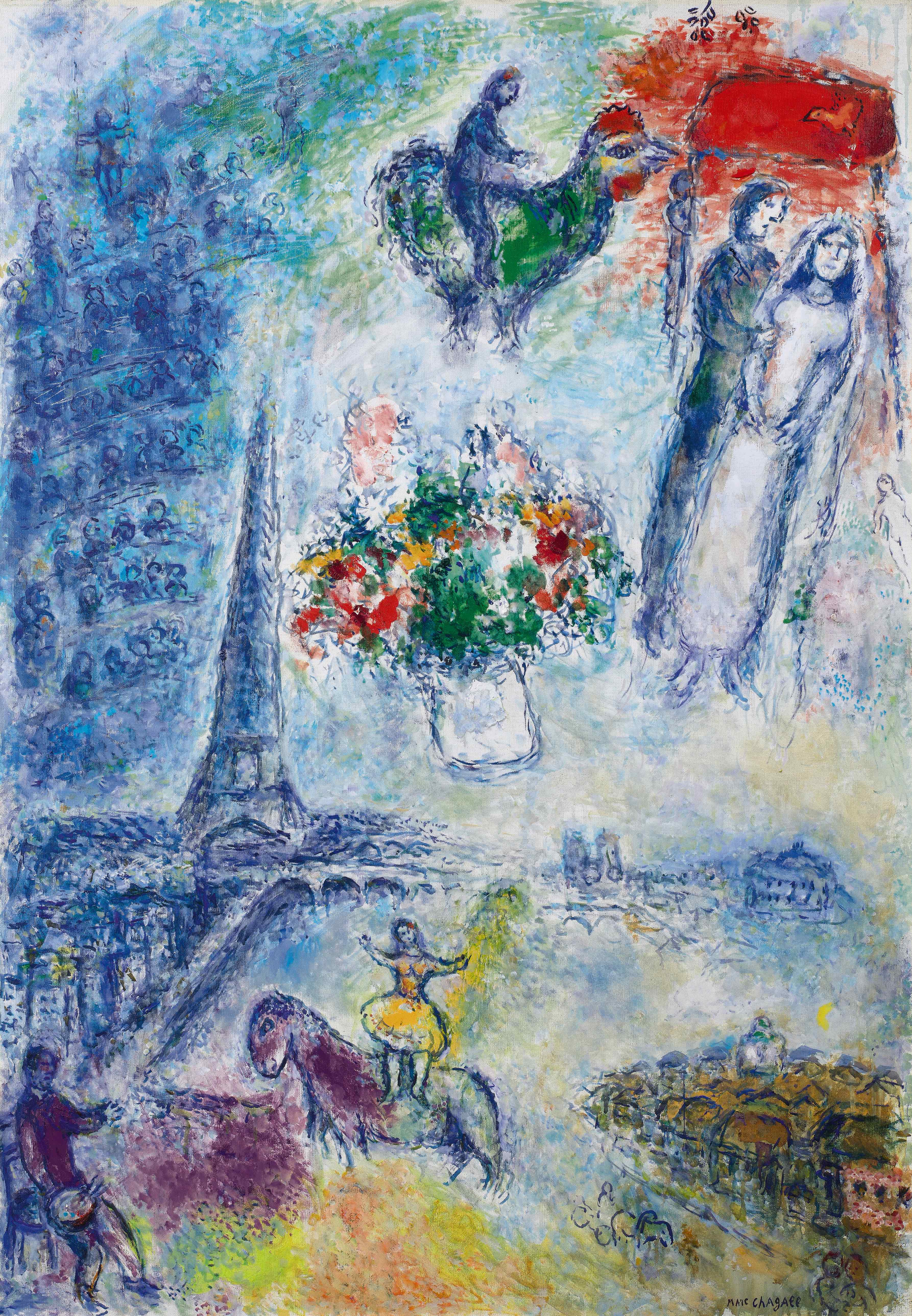 馬克·夏加爾 《巴黎天空下的戀人》 1980年作 油彩蛋彩畫布 圖/蘇富比提供