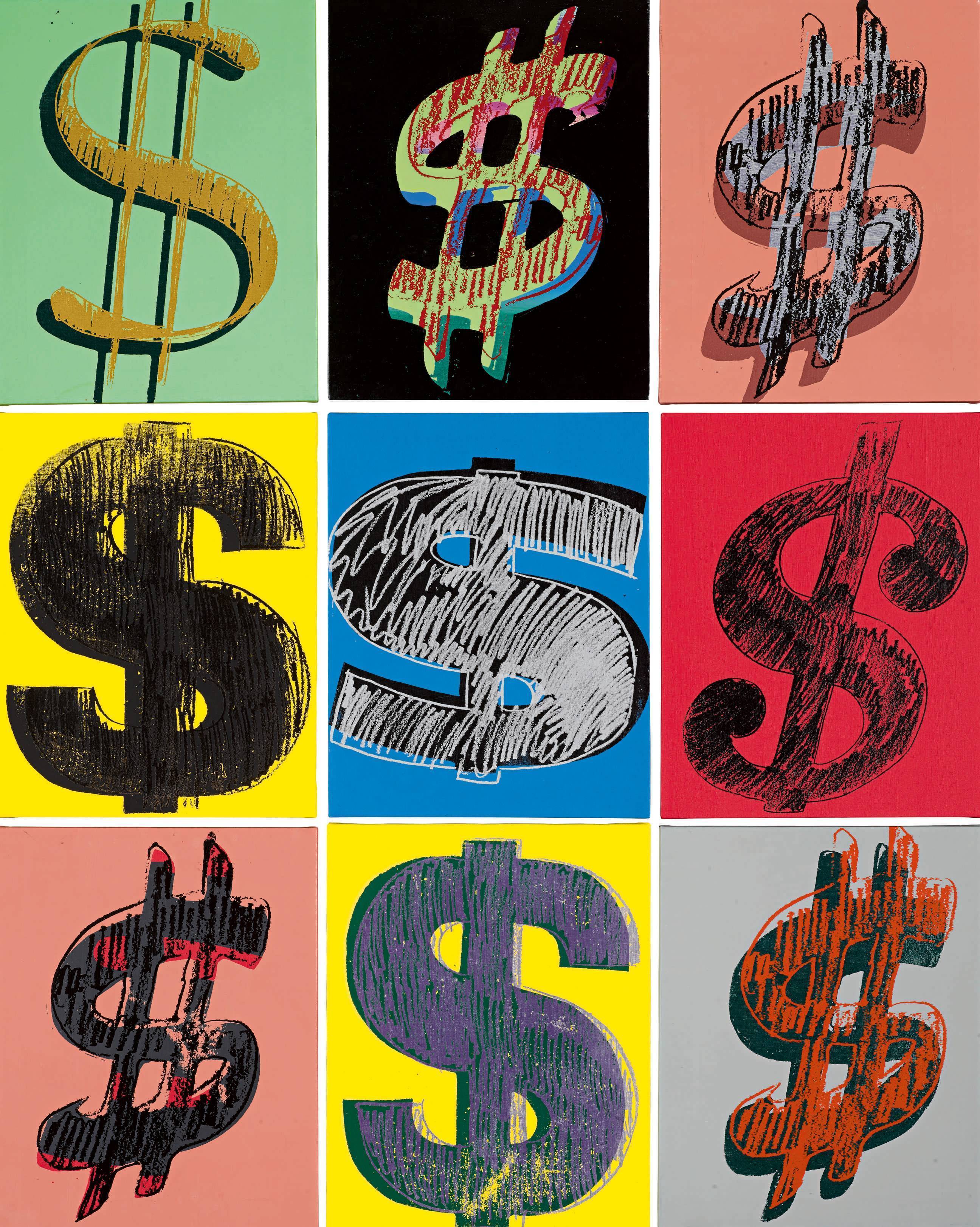安迪·沃荷 《美元符號》 1981年作 壓克力彩、絲印油墨畫布，共九部分 每幅作品：20 x 16 英寸 圖/蘇富比提供