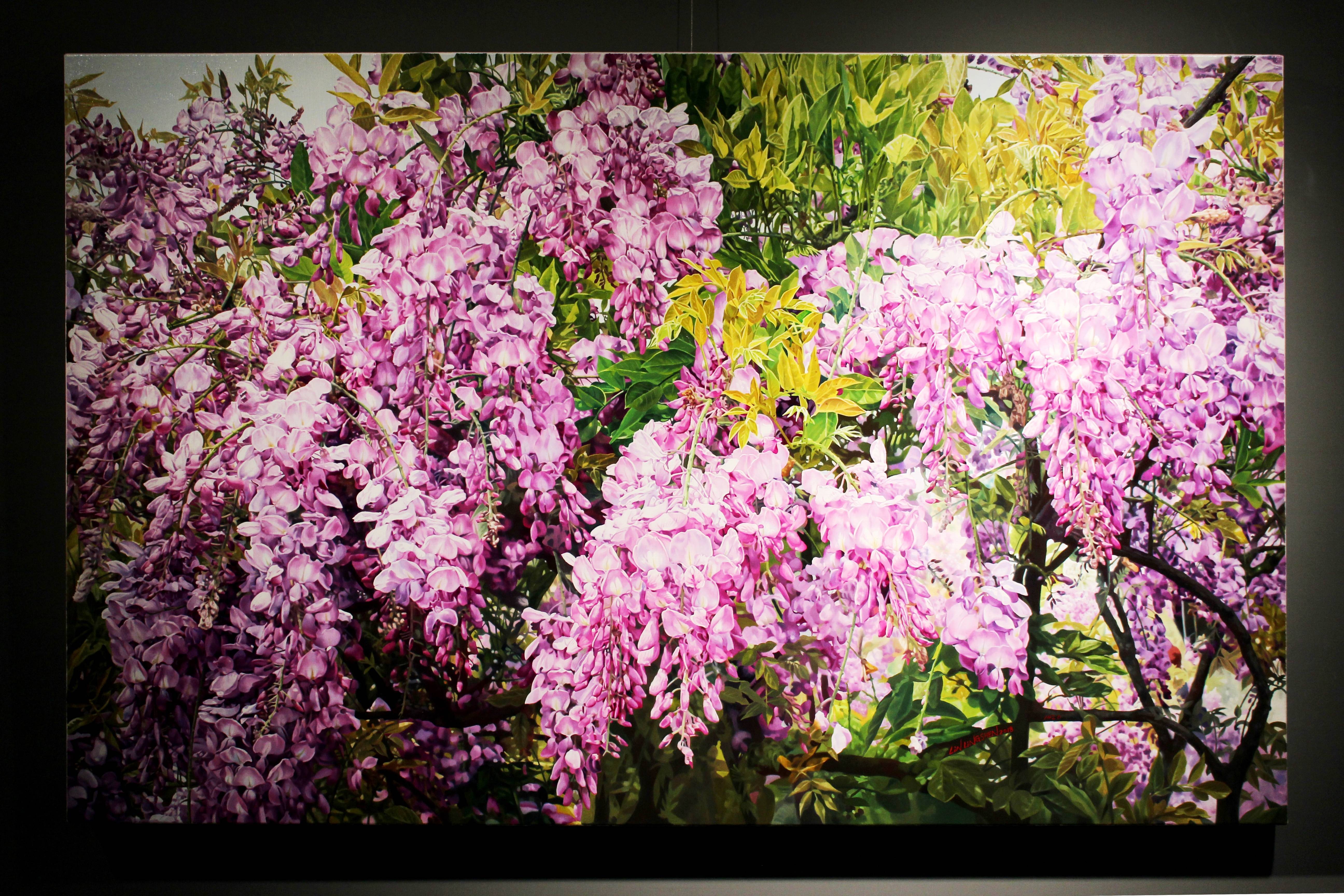 林嶺森，《紫瀑流瀉》，2018，72.5×116.5cm (50M)，油彩/畫布。 