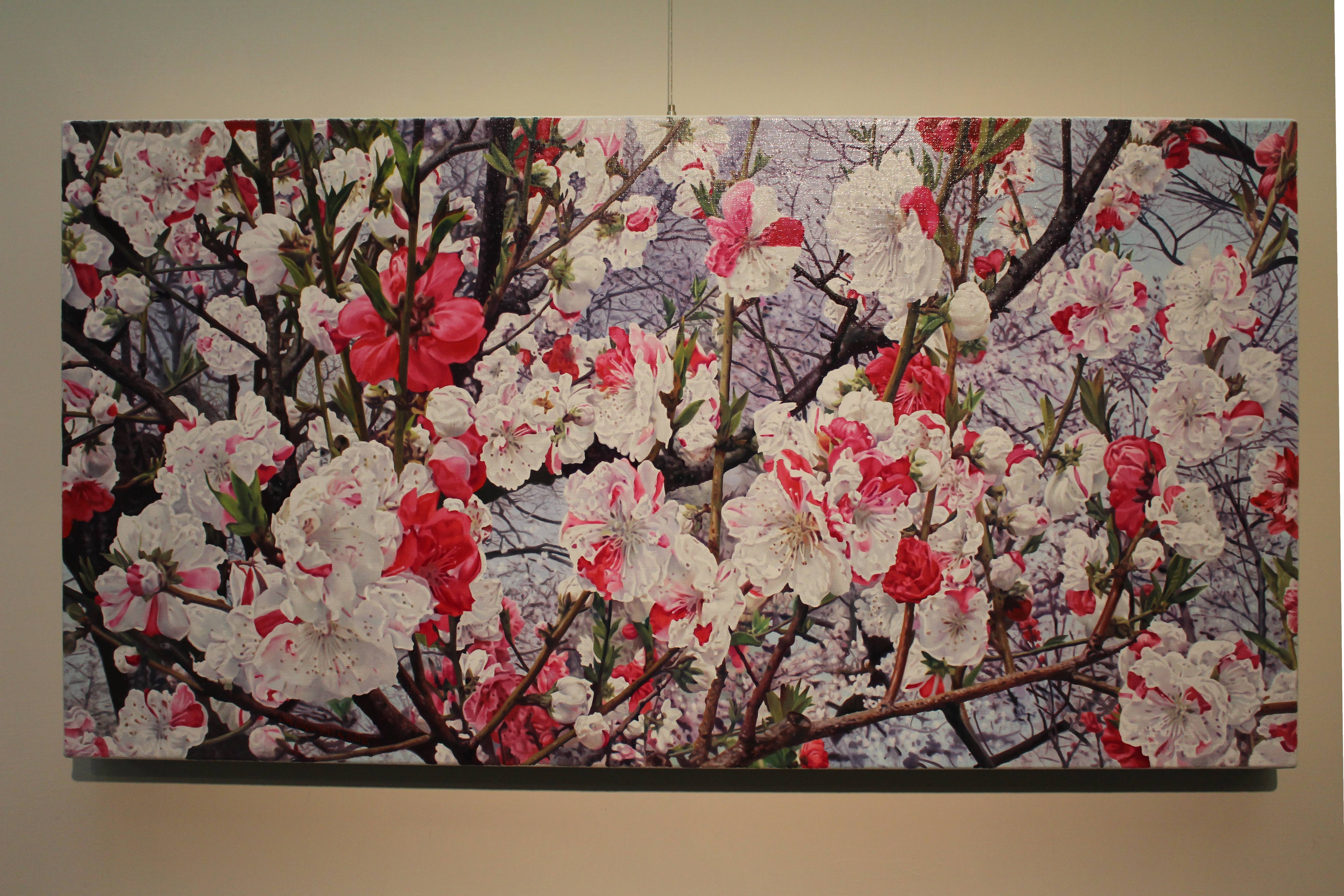 林嶺森，《五色碧桃》，2018，39×80cm (16F)，油彩/畫布。 