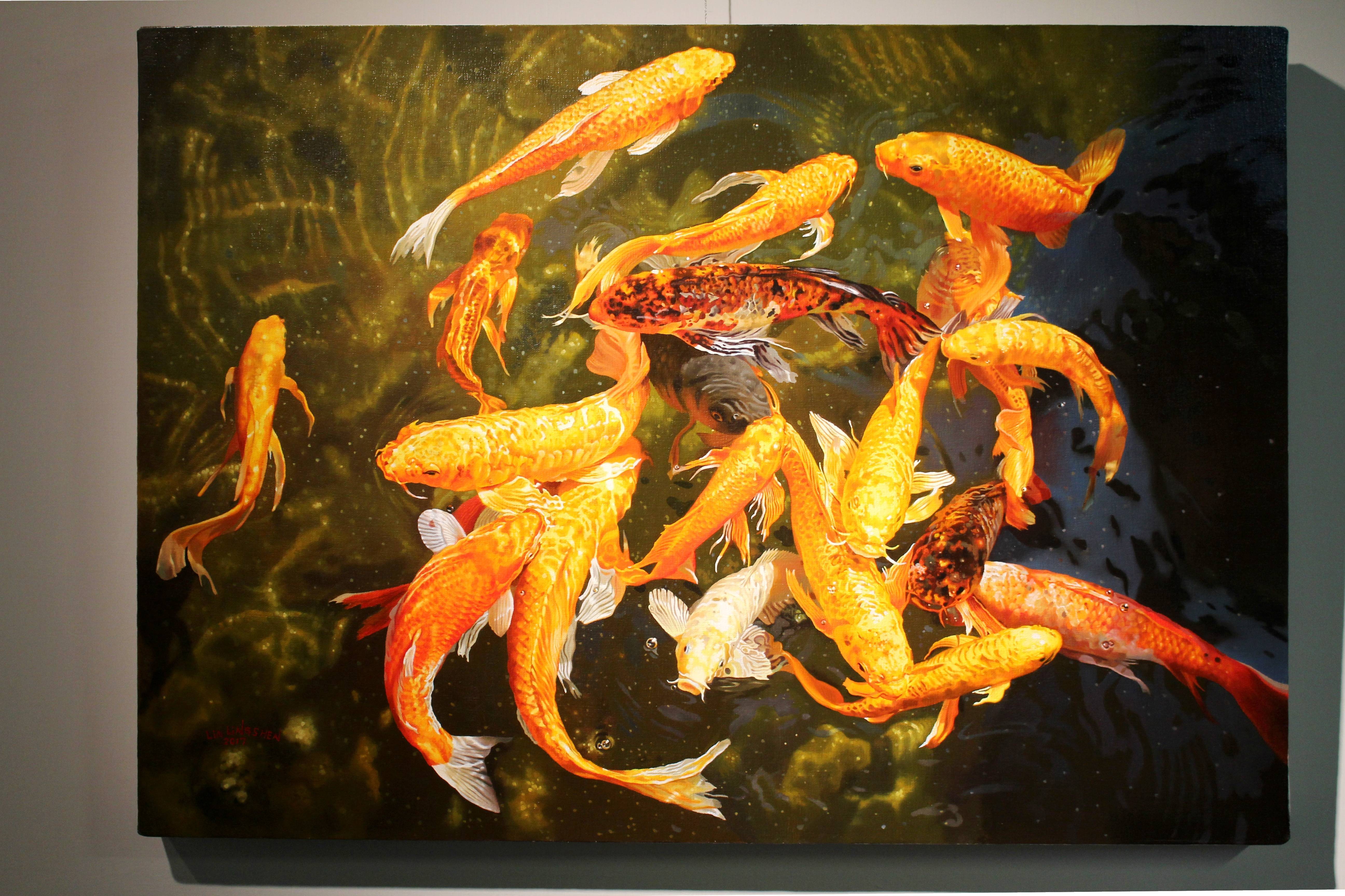 林嶺森，《水光錦鯉之三》，2017，53×72.5cm (20P)，油彩/畫布。 