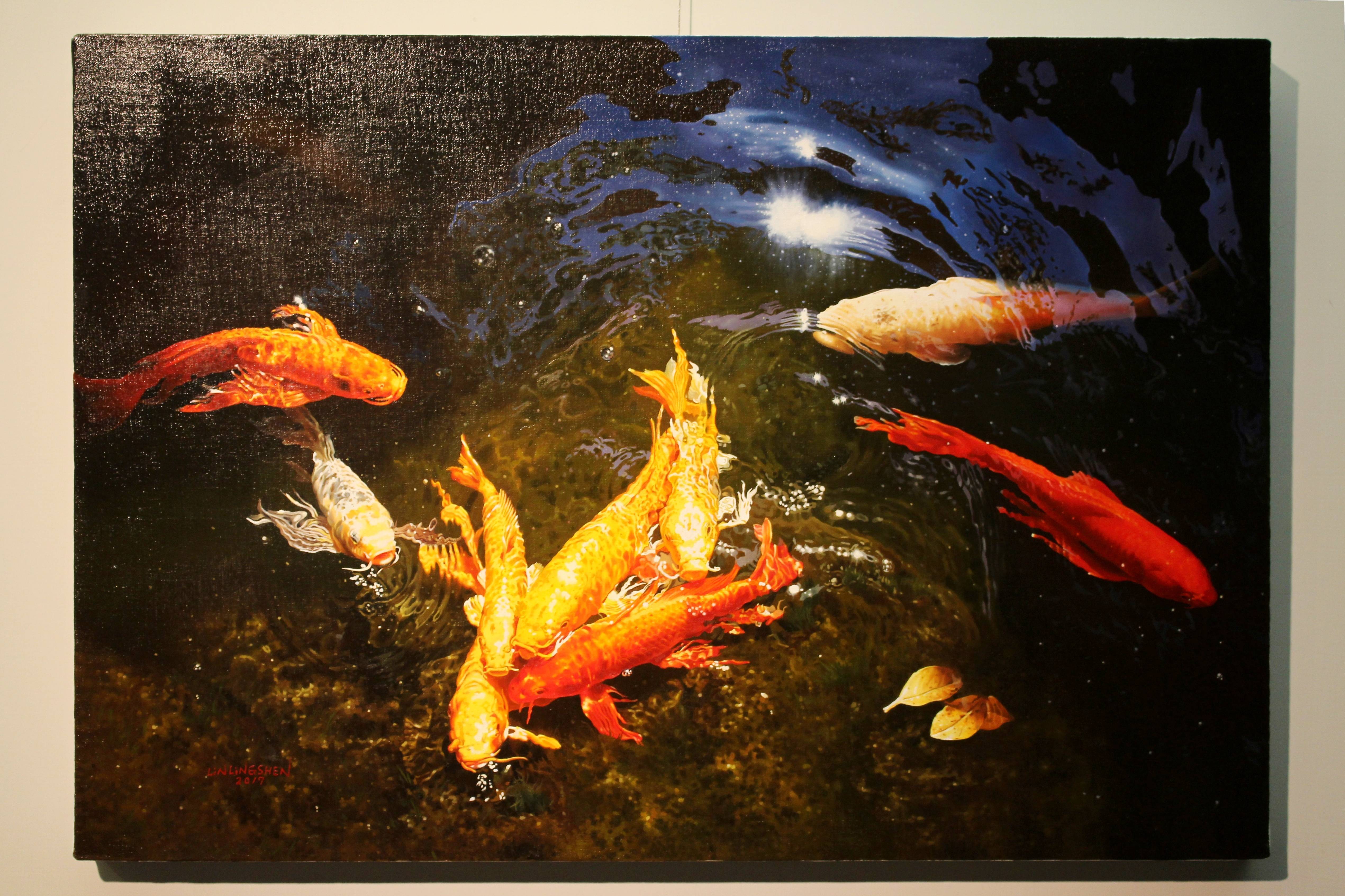 林嶺森，《水光錦鯉之二》，2017，50×72.5cm (20M)，油彩/畫布。 