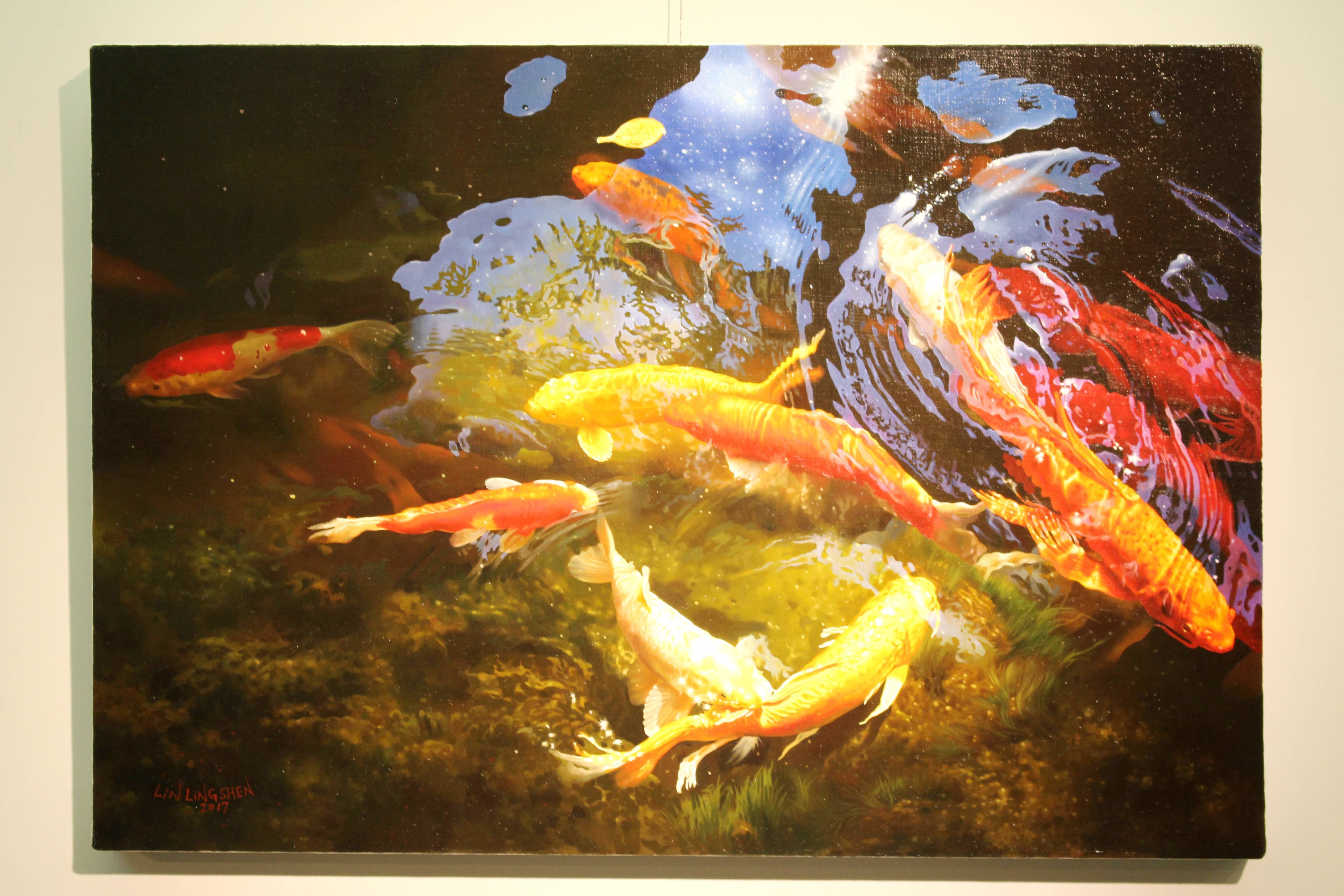 林嶺森，《水光錦鯉》，2017， 45.5×60.5cm (15M)，油彩/畫布。 