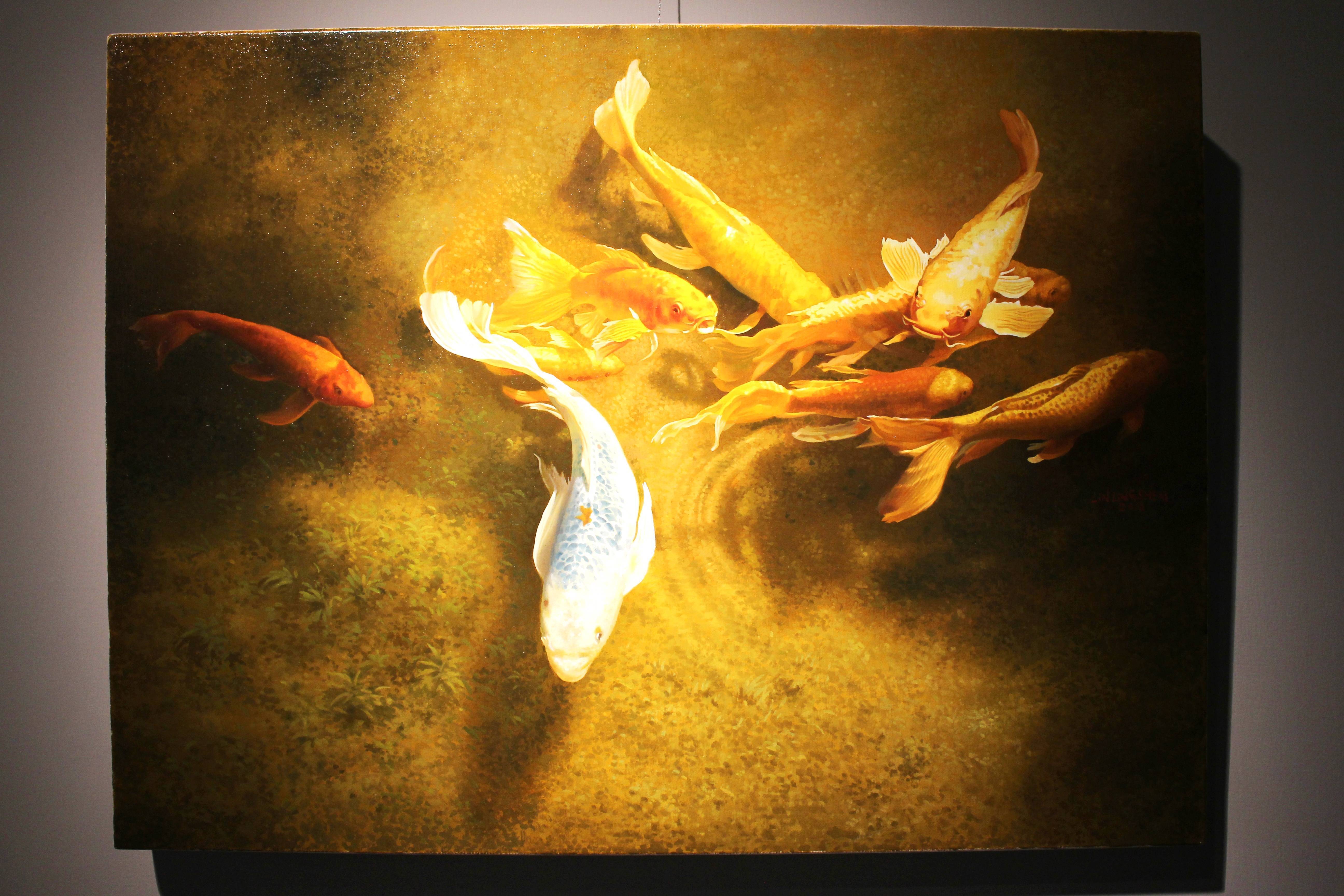 林嶺森，《錦鯉戲水》，2016， 45.5×60.5cm (12P)，油彩/畫布。 