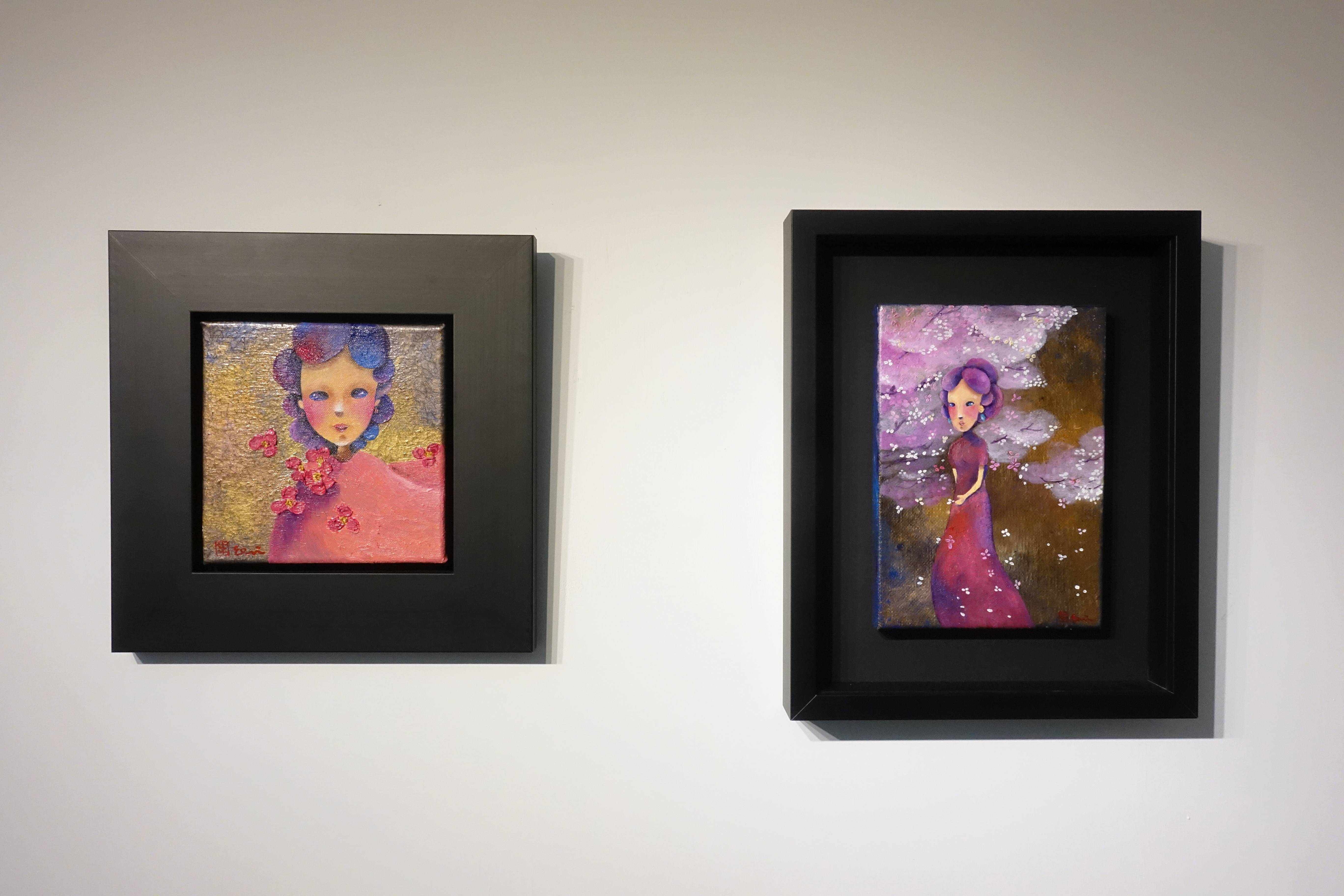 東明相，《我擁有你(老娘NO.28)左》《櫻花雨夜(老娘NO.24)右》，油畫，2018。
