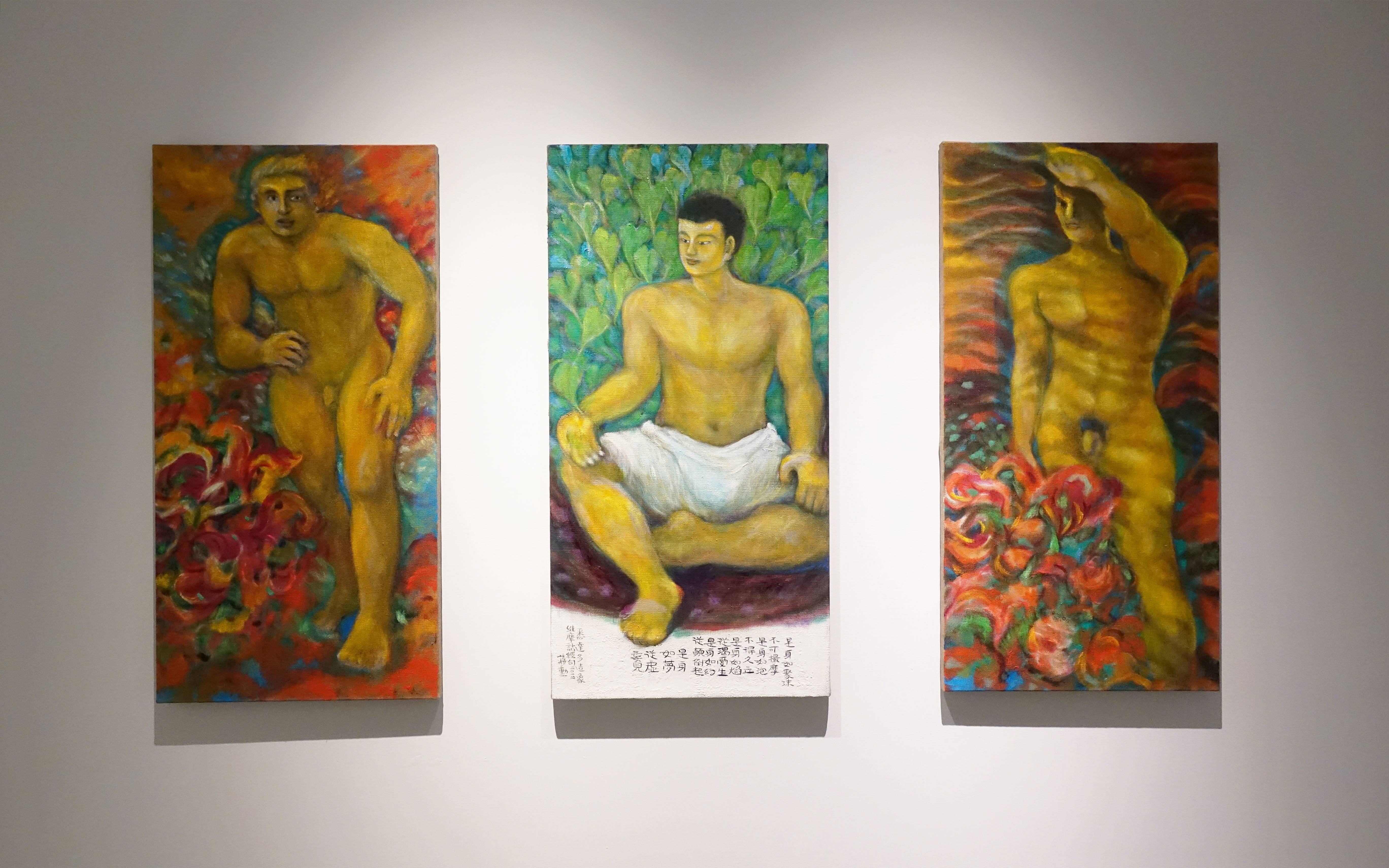 蔣勳，《肉身覺醒》，油彩畫布，100x50cm (三件一組)，2017。