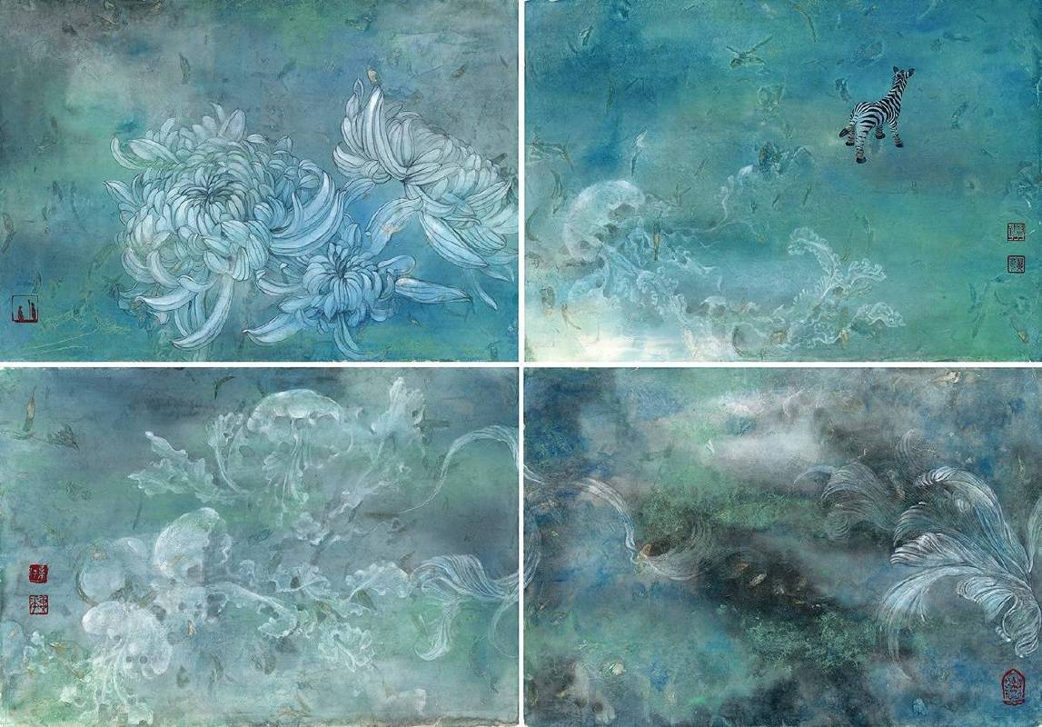 孫翼華Sun, Yi-Hua - 花雨滿天ⅡPure Land WithinⅡ ( 2016  彩墨、蒜膜紙  52 x 74cm ) ( 心晴美術館 Wellington Gallery )