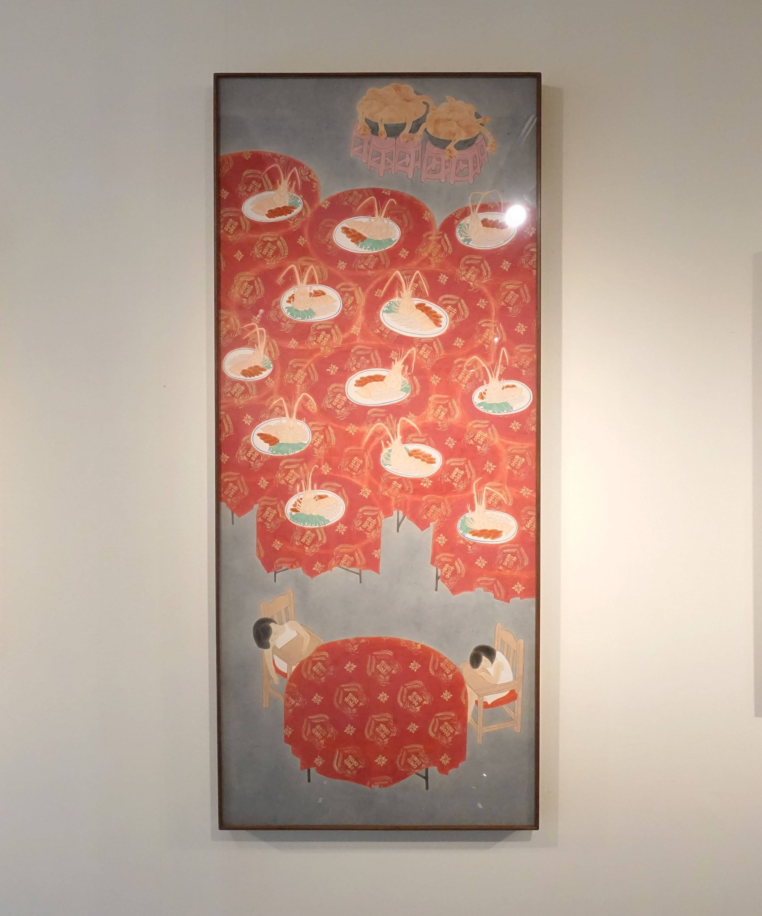 葉采薇，《蝦爆的宴席》，2017，紙本設色，146×62 cm。