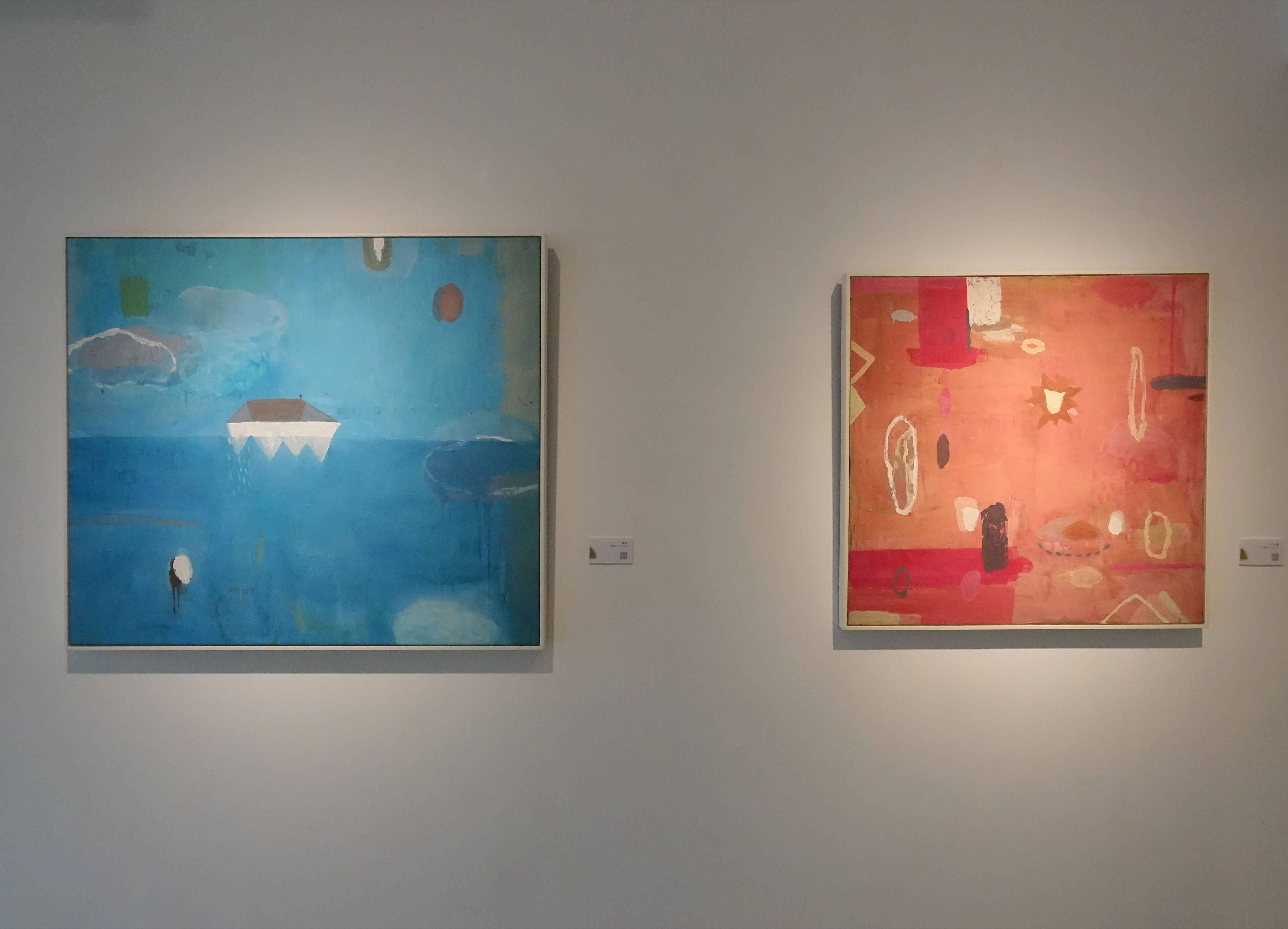 黃小燕，《湖水 like lake》(左)，油彩畫布，93x106cm，2016。黃小燕，《小太陽》(右)，油彩畫布，80x80cm，2017。