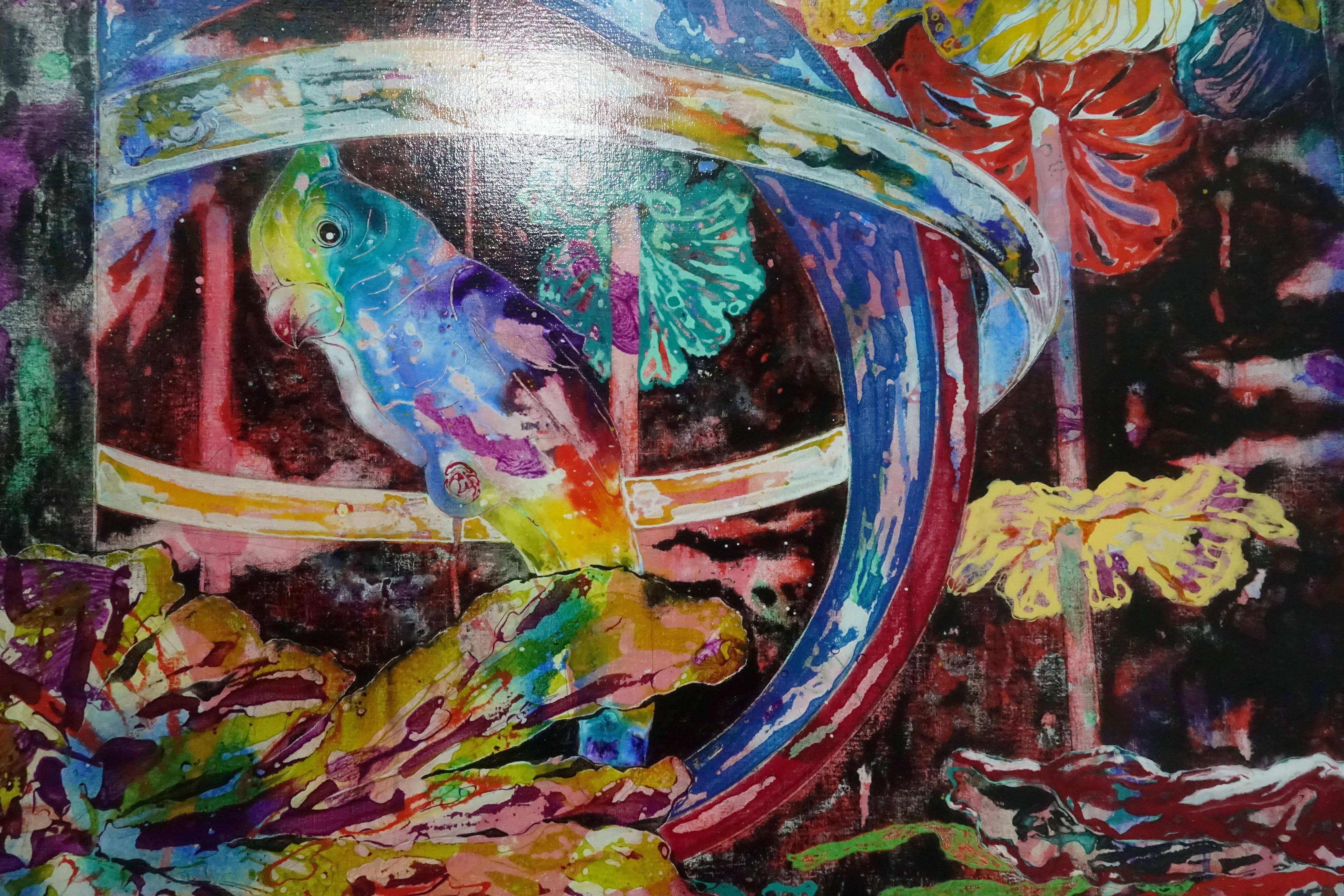 王亮尹，《驕傲的鸚鵡》細節，壓克力畫布，2018。