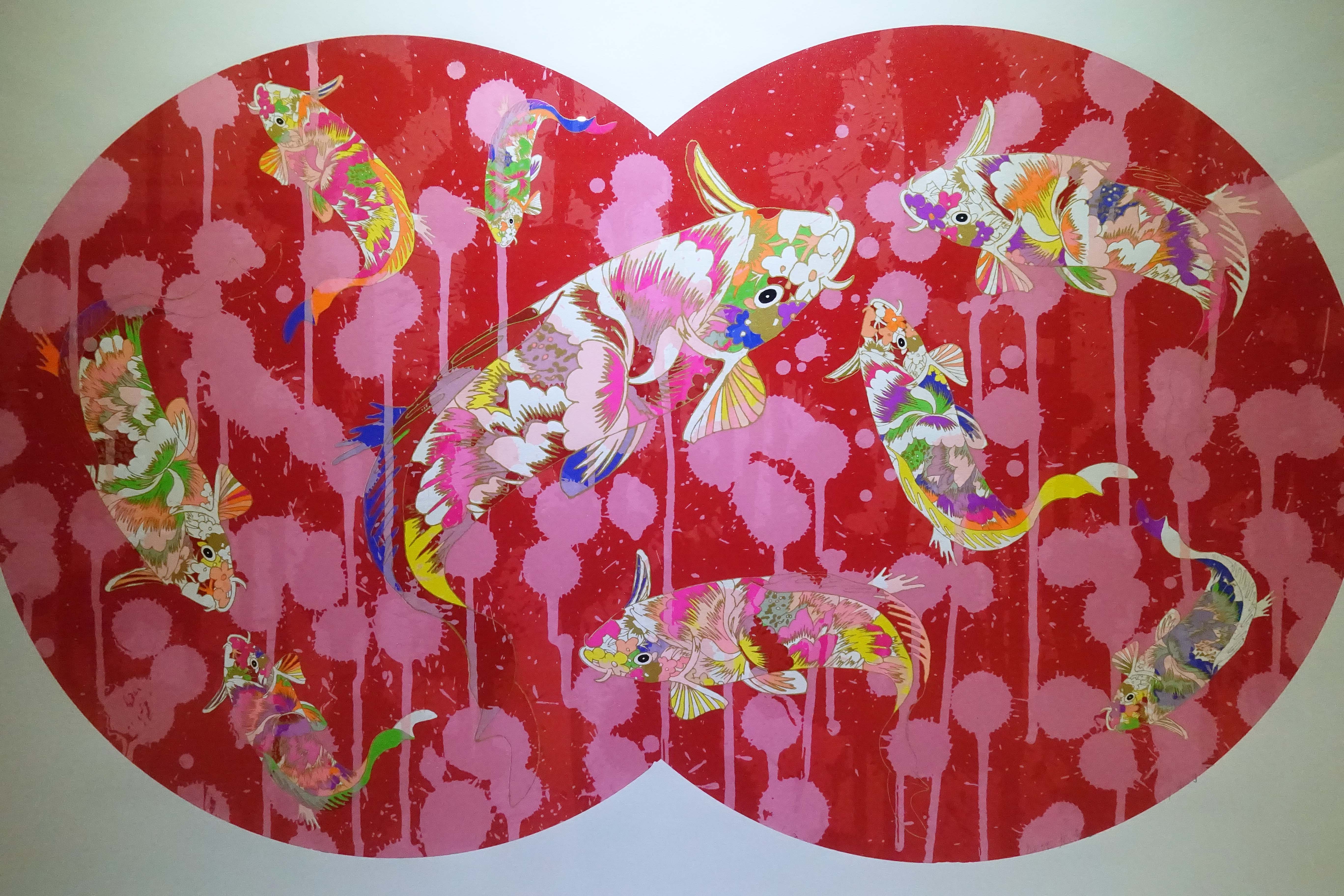 黃椿元，《九魚圖系列-3紅地九魚圖》，絹印版畫，2018。
