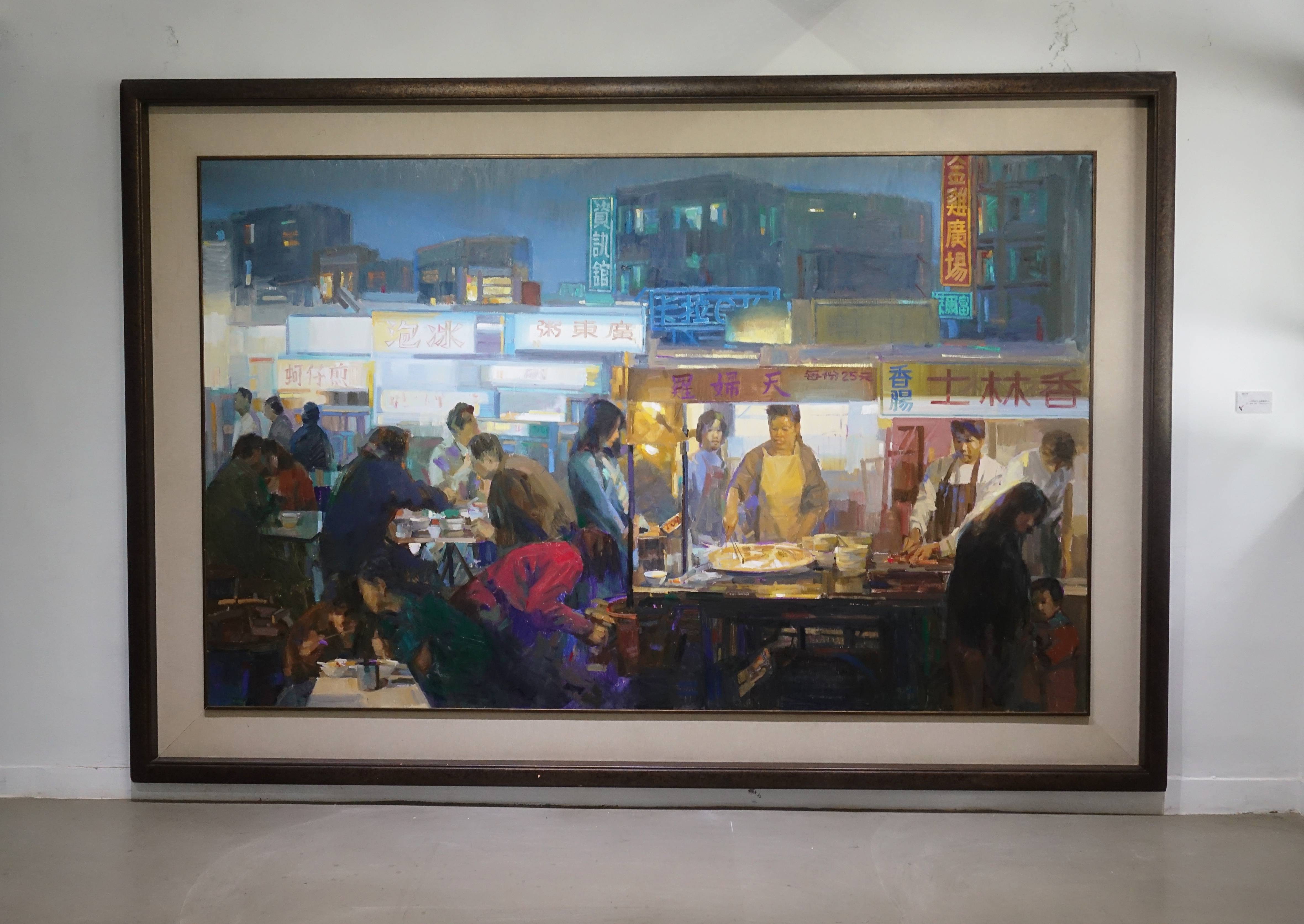 賴武雄，《士林夜市：金雞廣場 》，畫布 油彩 。