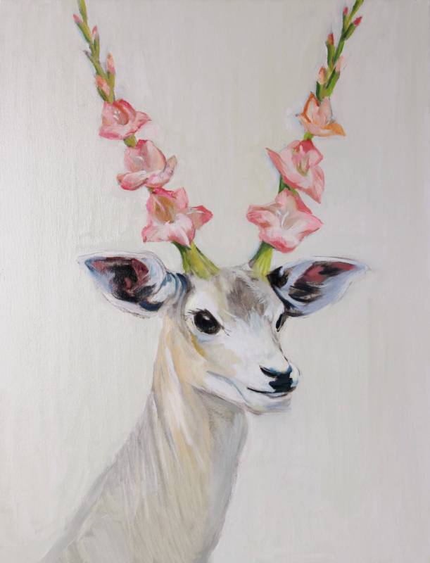 洪司丞《動物喜宴》系列-送花來的鹿 2016年  65.5x50cm(15P) 油彩.畫布