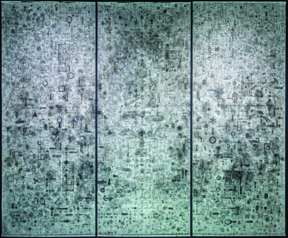 史金淞，《經變圖》，綜合媒材 367 x 144 cm x 3件，2016 。