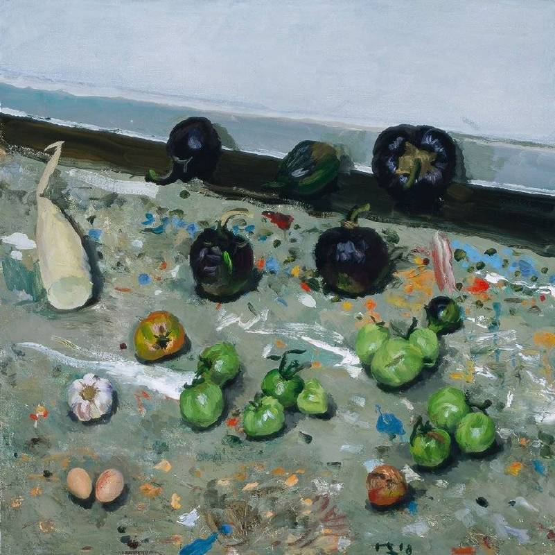 劉小東，畫室地上的蔬菜，2018，油彩／畫布，100 x 100 cm