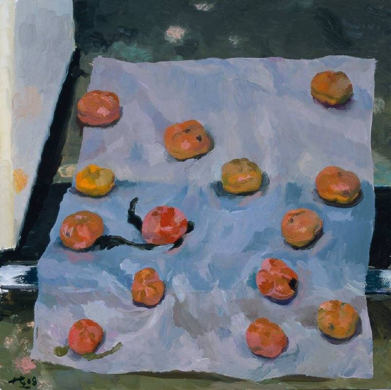劉小東，蠟紙上的柿子，2018，油彩／畫布，100 x 100 cm